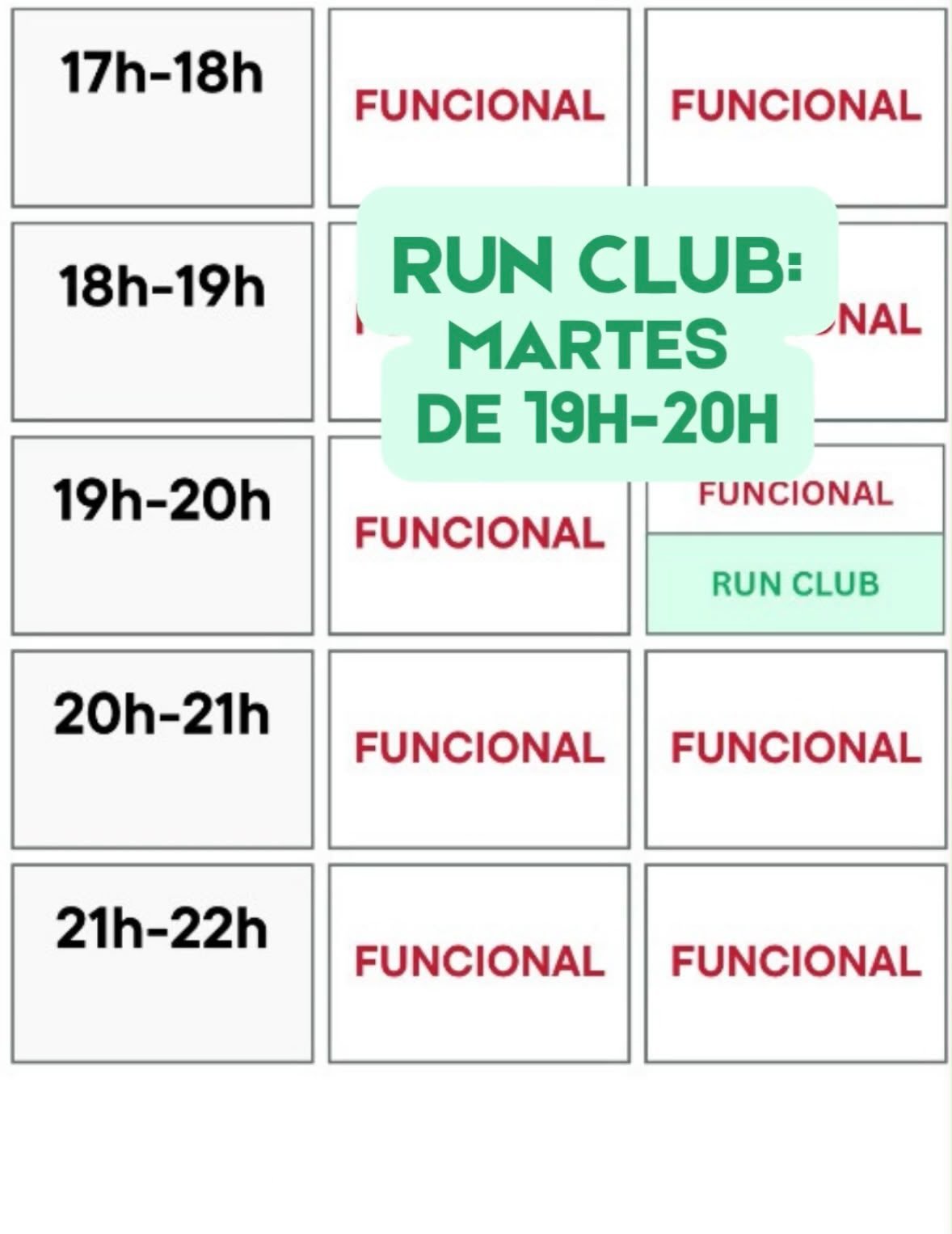 Horario Run Club: martes a las 19:00