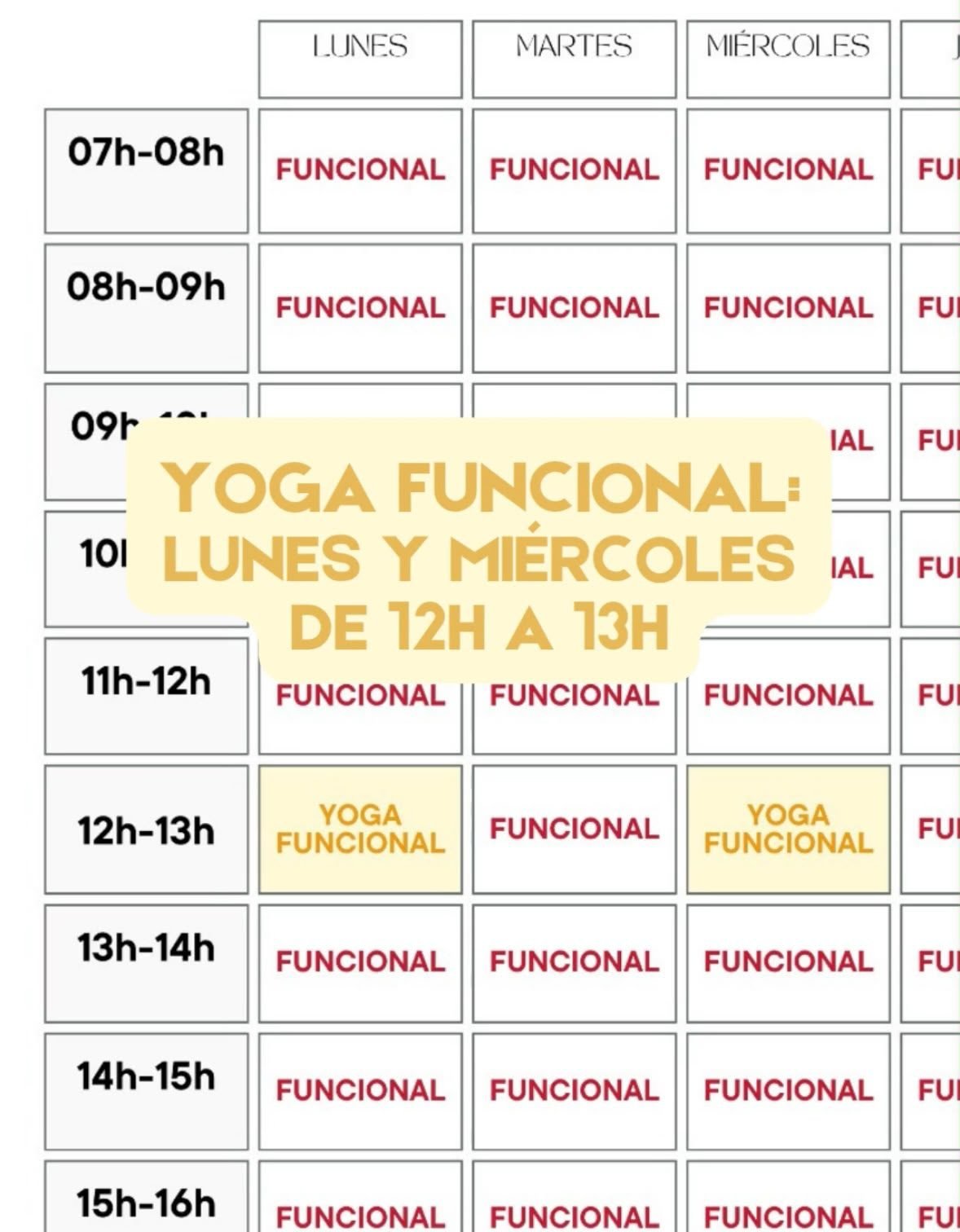 Horario Yoga Funcional: lunes y miércoles a las 12:00